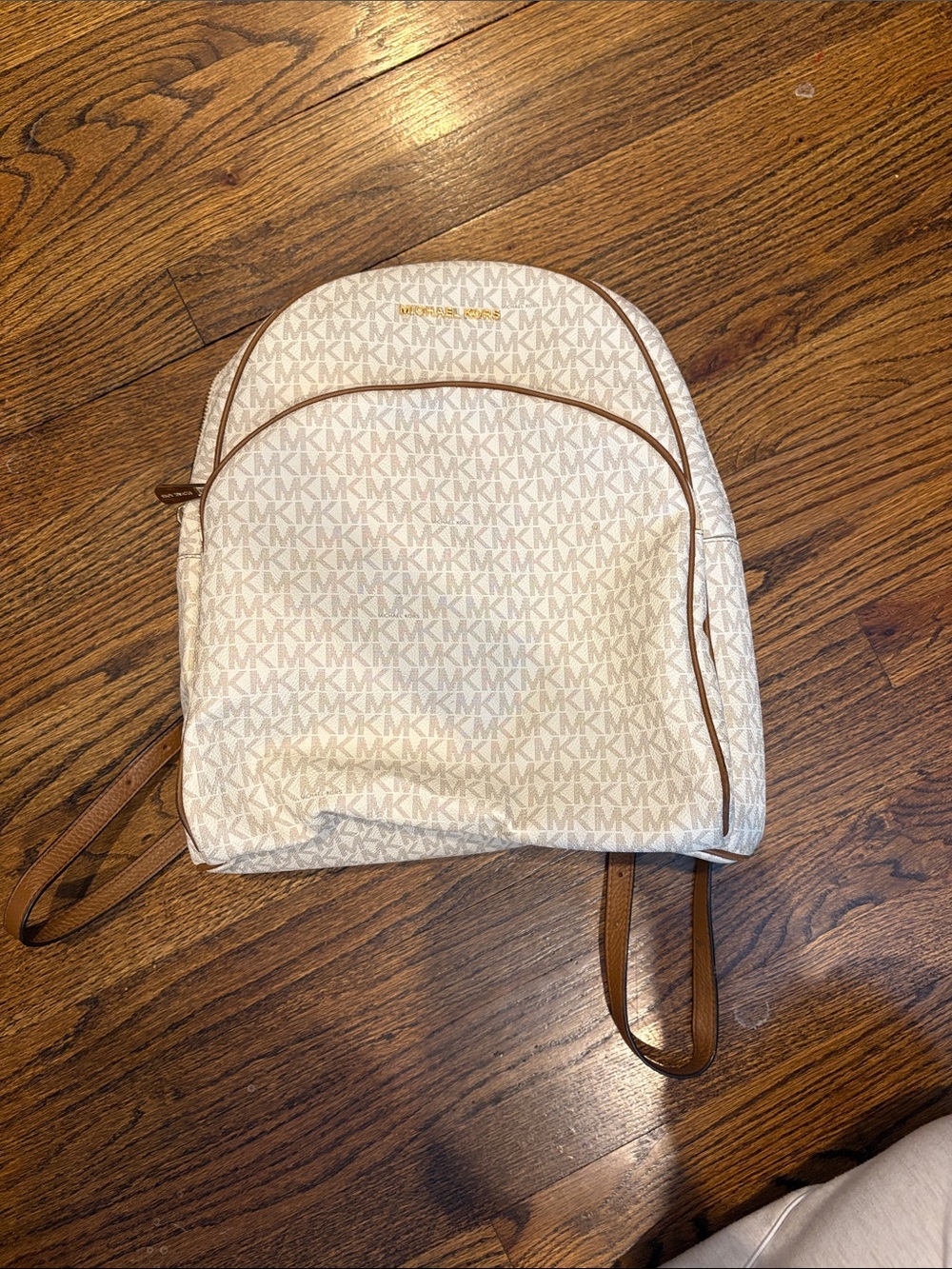 Michael Kors Cream MK Logo Backpack with Brown Trim
